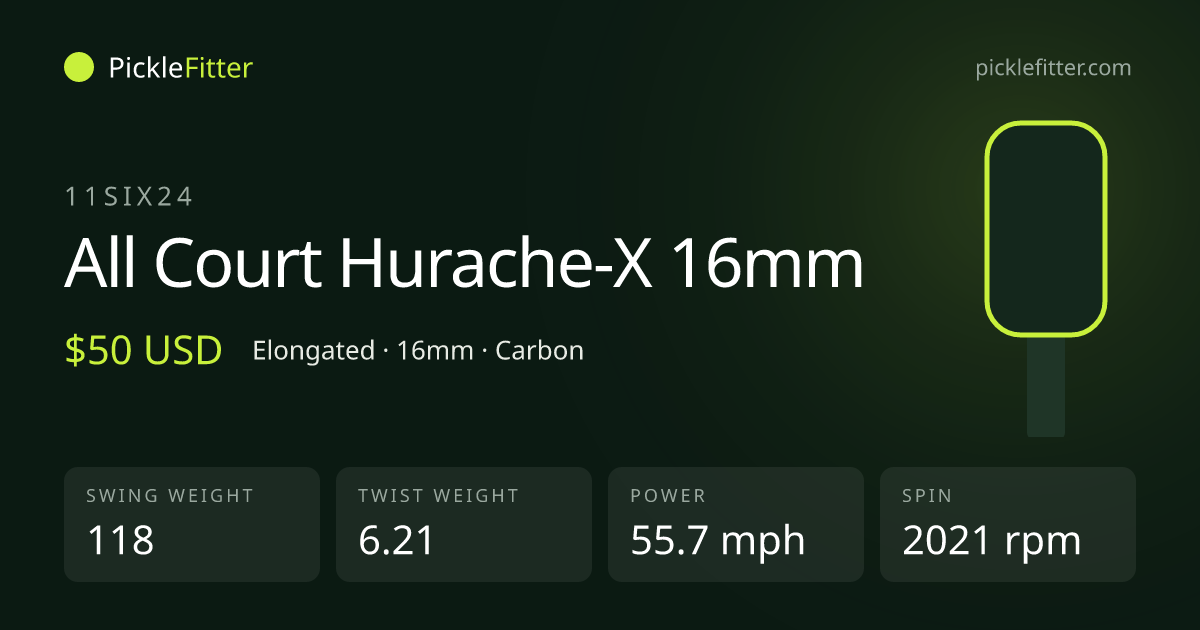 11SIX24 All Court Hurache-X 16mm spec card: swing weight 118, twist weight 6.21