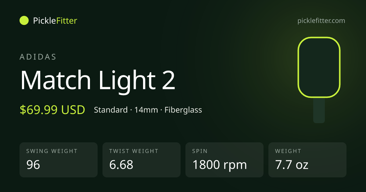 Adidas Match Light 2 spec card: swing weight 96, twist weight 6.68