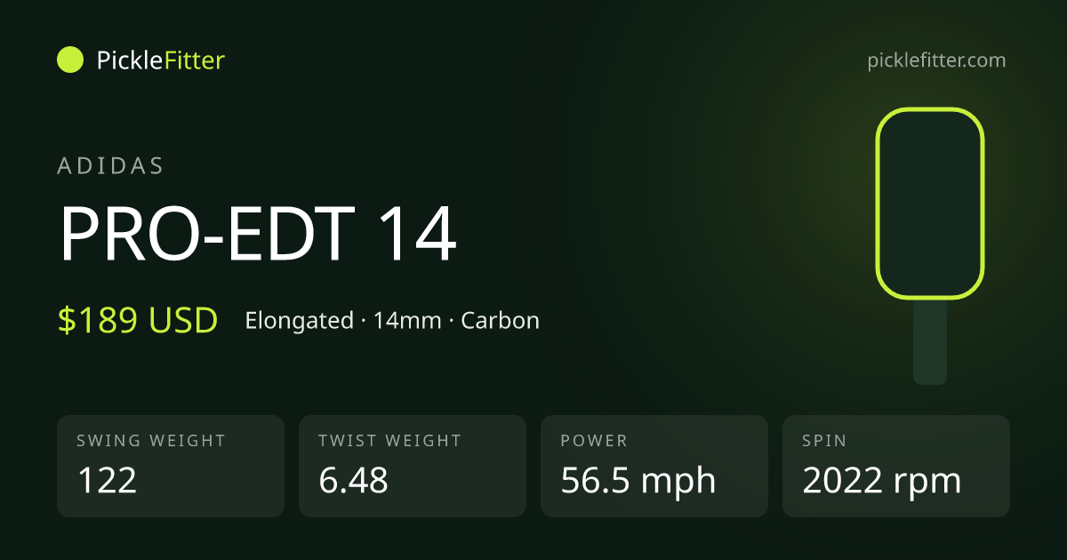 Adidas PRO-EDT 14 spec card: swing weight 122, twist weight 6.48