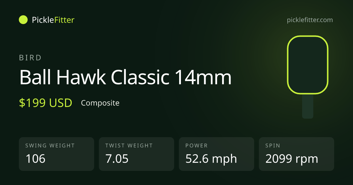Bird Ball Hawk Classic 14mm spec card: swing weight 106, twist weight 7.05