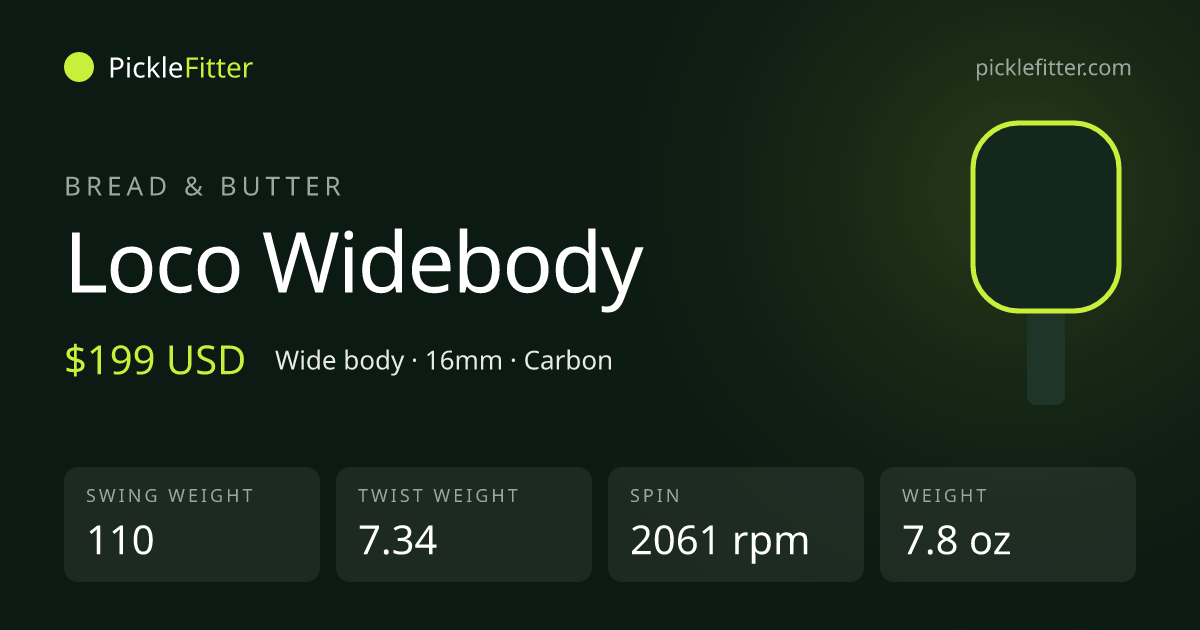 Bread & Butter Loco Widebody spec card: swing weight 110, twist weight 7.34