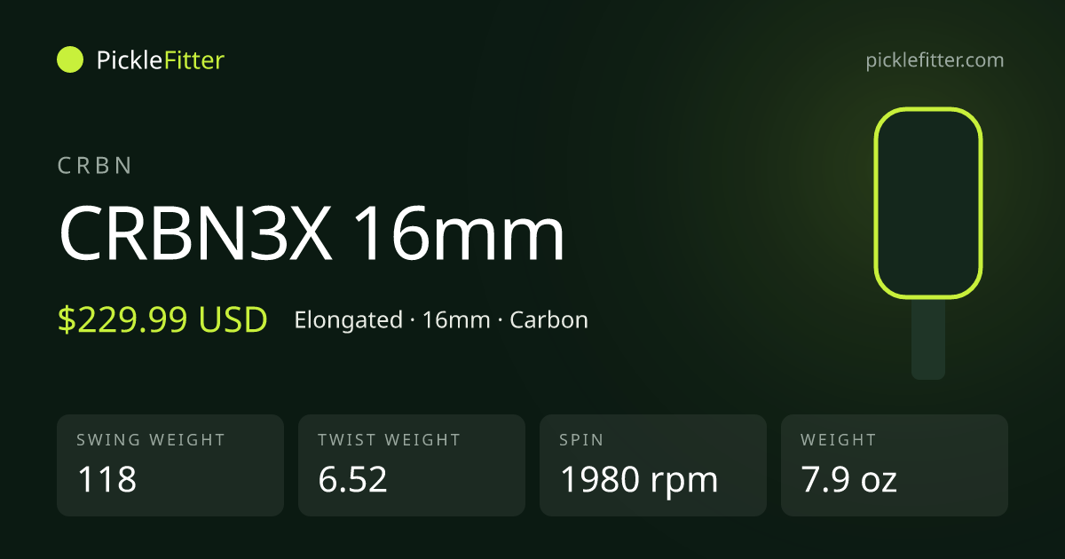 CRBN CRBN3X 16mm spec card: swing weight 118, twist weight 6.52