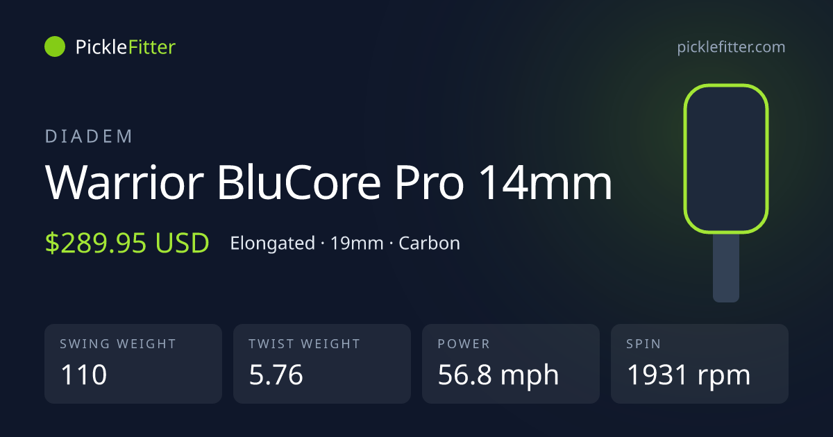 Diadem Warrior BluCore Pro 14mm spec card: swing weight 110, twist weight 5.76