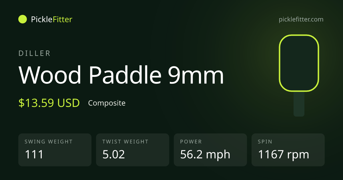 Diller Wood Paddle 9mm spec card: swing weight 111, twist weight 5.02