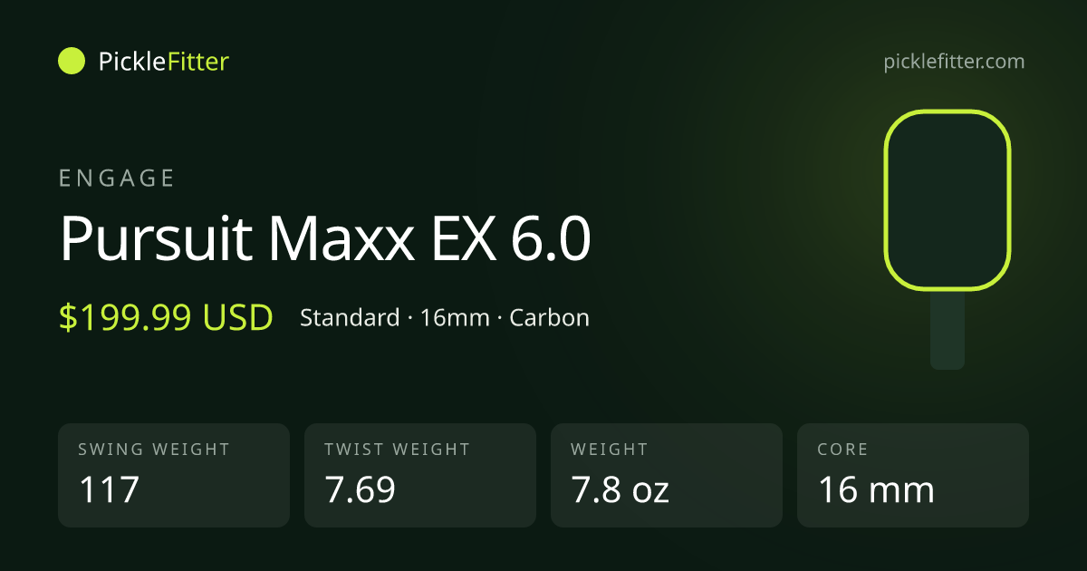 Engage Pursuit Maxx EX 6.0 spec card: swing weight 117, twist weight 7.69