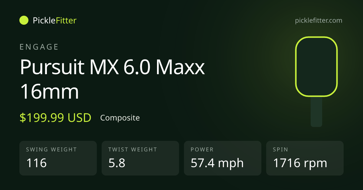 Engage Pursuit MX 6.0 Maxx 16mm spec card: swing weight 116, twist weight 5.8