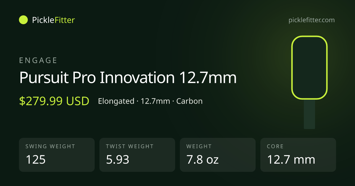 Engage Pursuit Pro Innovation 12.7mm spec card: swing weight 125, twist weight 5.93