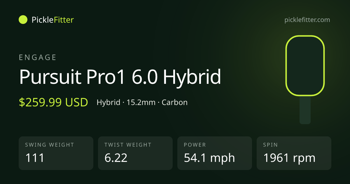 Engage Pursuit Pro1 6.0 Hybrid spec card: swing weight 111, twist weight 6.22