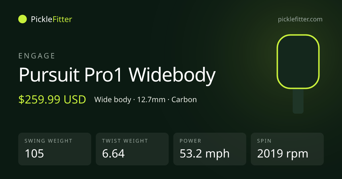 Engage Pursuit Pro1 Widebody spec card: swing weight 105, twist weight 6.64