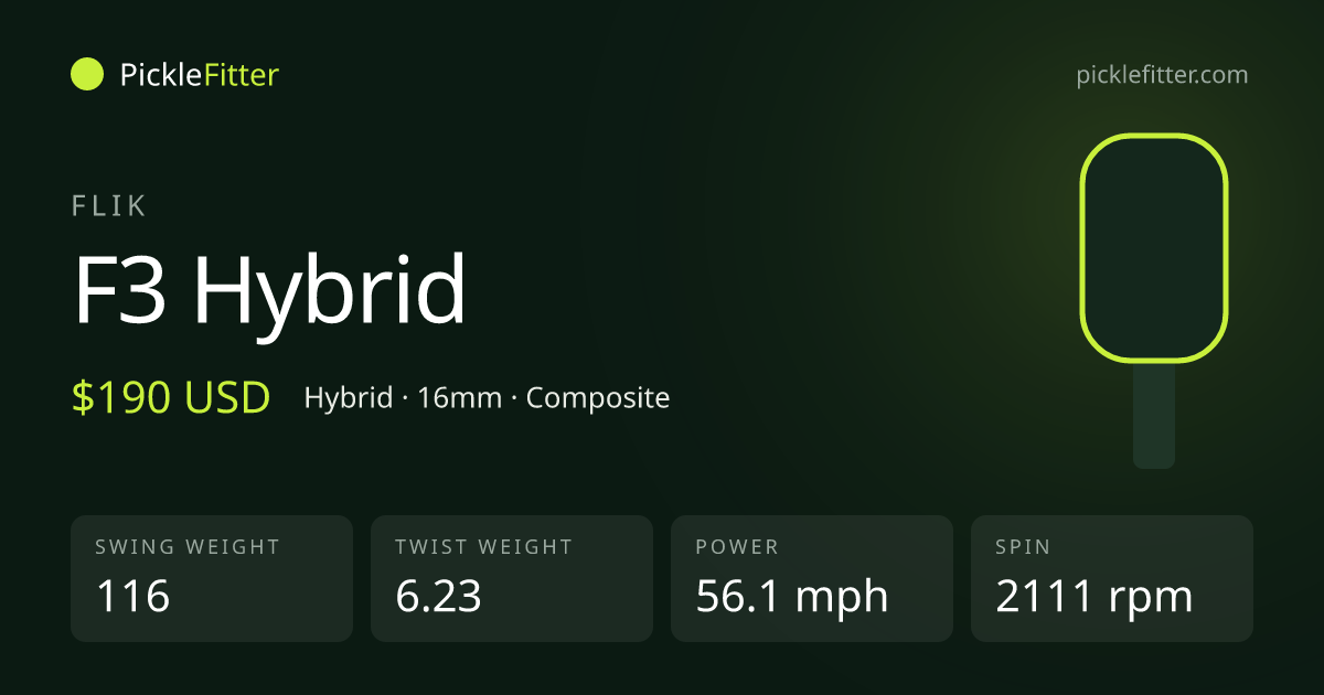 Flik F3 Hybrid spec card: swing weight 116, twist weight 6.23