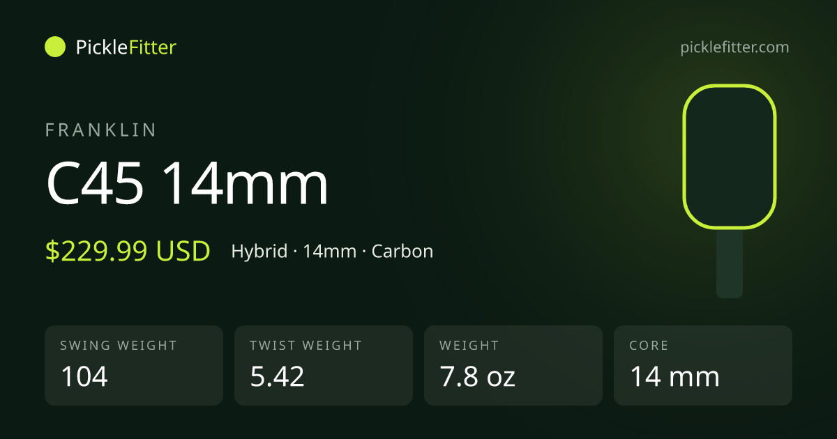 Franklin C45 14mm spec card: swing weight 104, twist weight 5.42