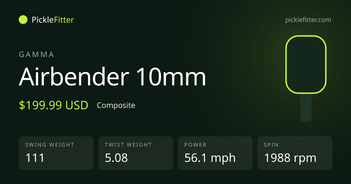 Gamma Airbender 10mm spec card: swing weight 111, twist weight 5.08