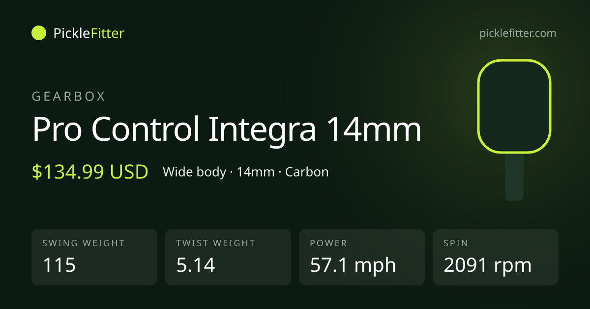 Gearbox Pro Control Integra 14mm spec card: swing weight 115, twist weight 5.14