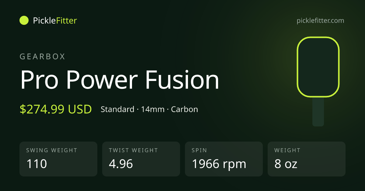 Gearbox Pro Power Fusion spec card: swing weight 110, twist weight 4.96