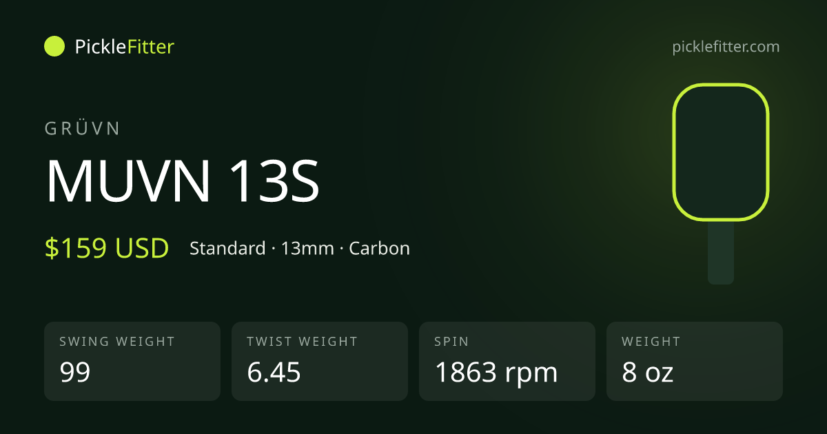 GRÜVN MUVN 13S spec card: swing weight 99, twist weight 6.45