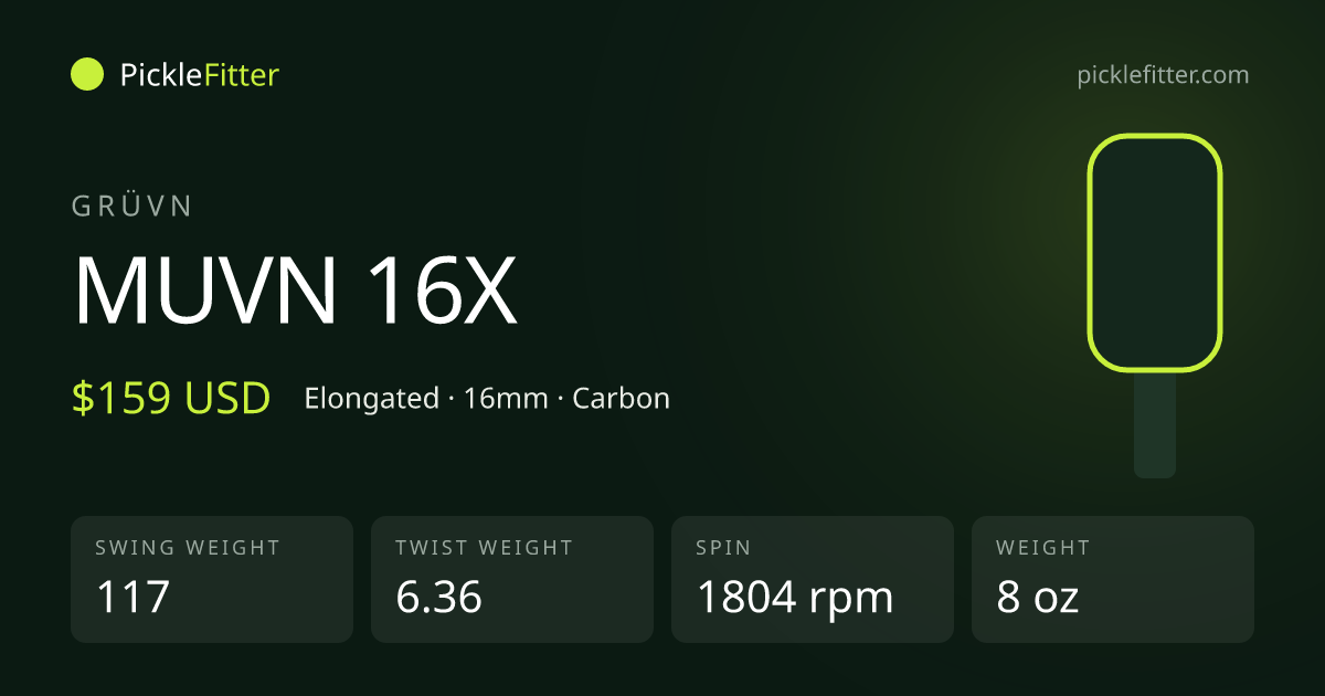 GRÜVN MUVN 16X spec card: swing weight 117, twist weight 6.36