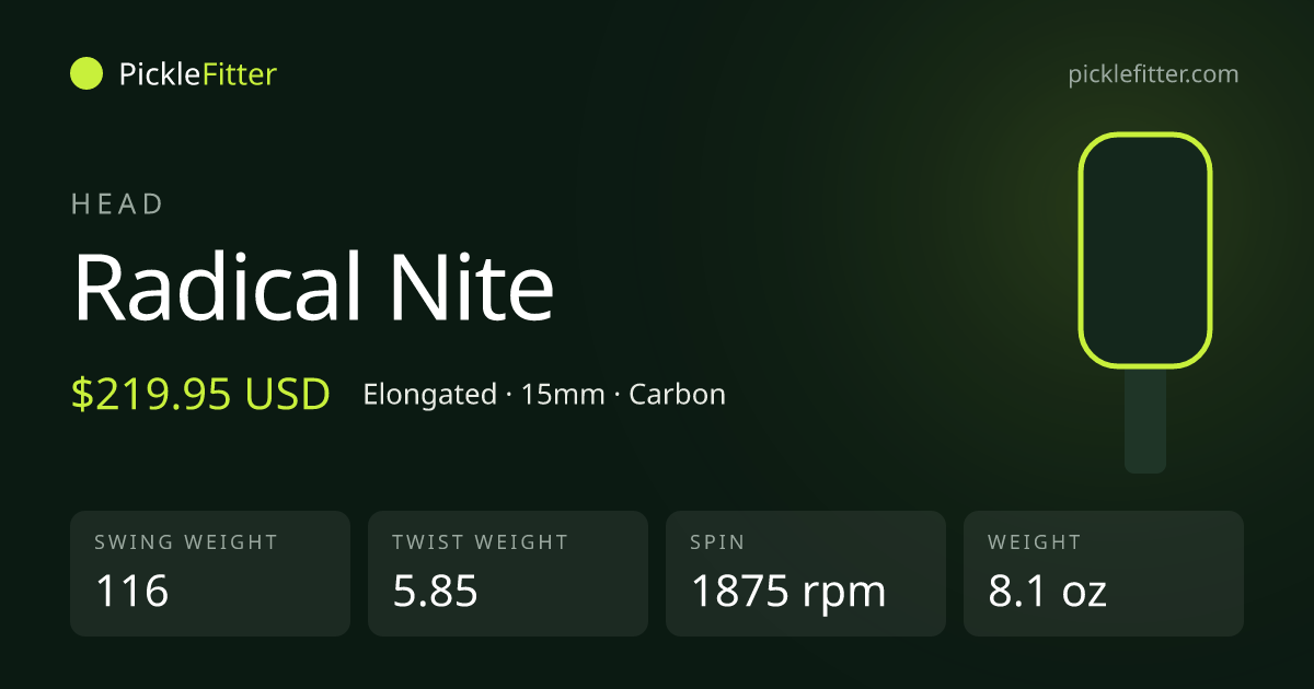 Head Radical Nite spec card: swing weight 116, twist weight 5.85