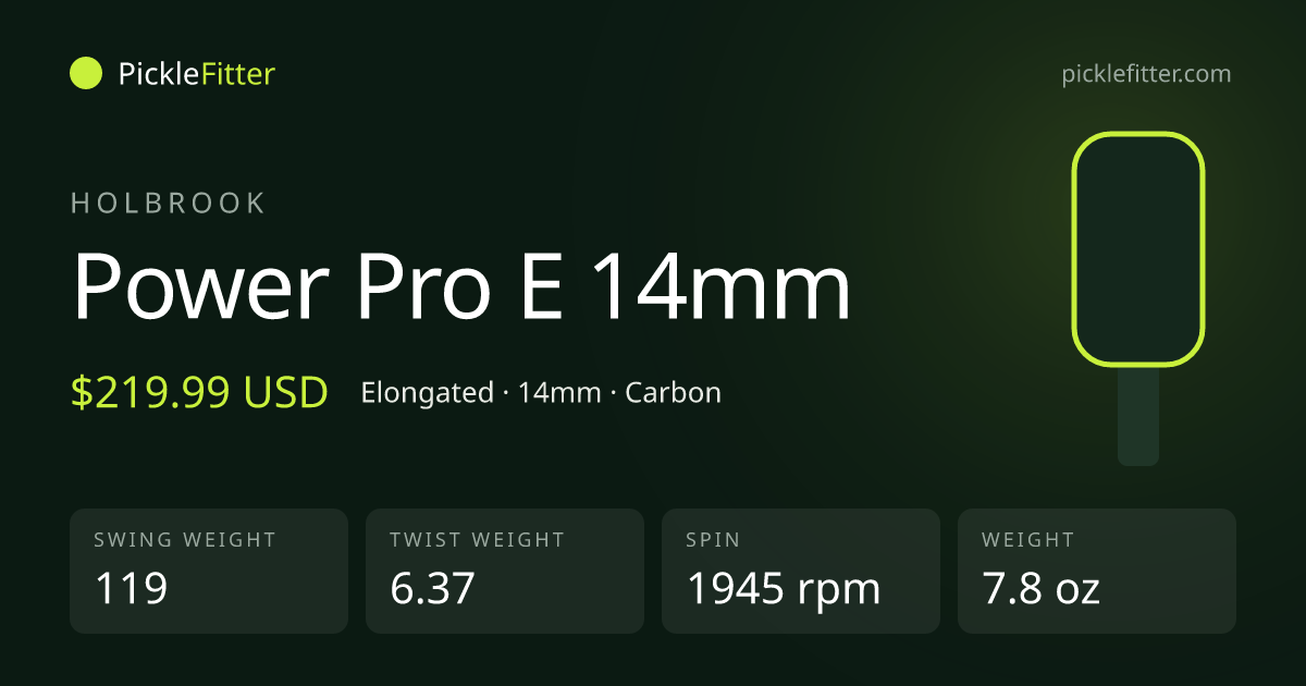 Holbrook Power Pro E 14mm spec card: swing weight 119, twist weight 6.37