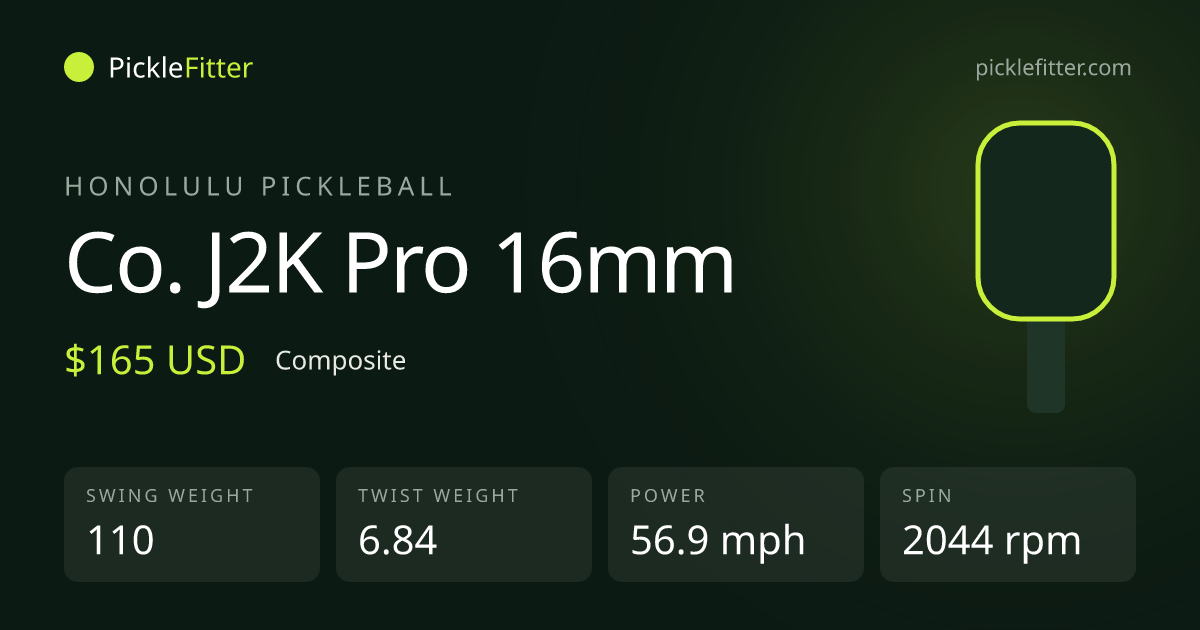 Honolulu Pickleball Co. J2K Pro 16mm spec card: swing weight 110, twist weight 6.84