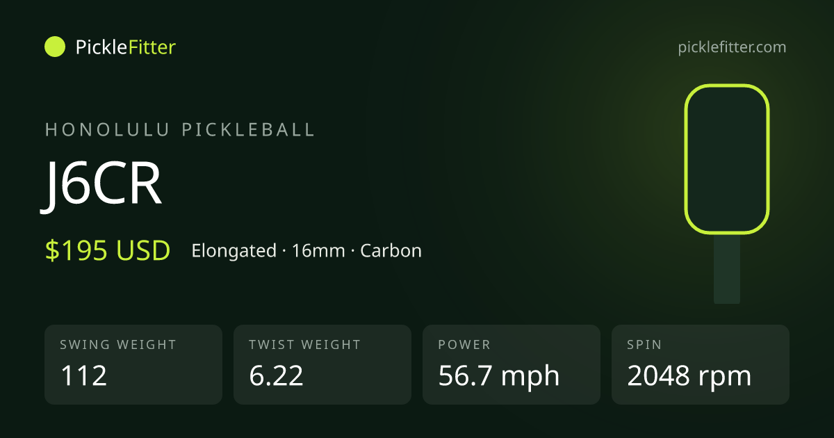 Honolulu Pickleball J6CR spec card: swing weight 112, twist weight 6.22