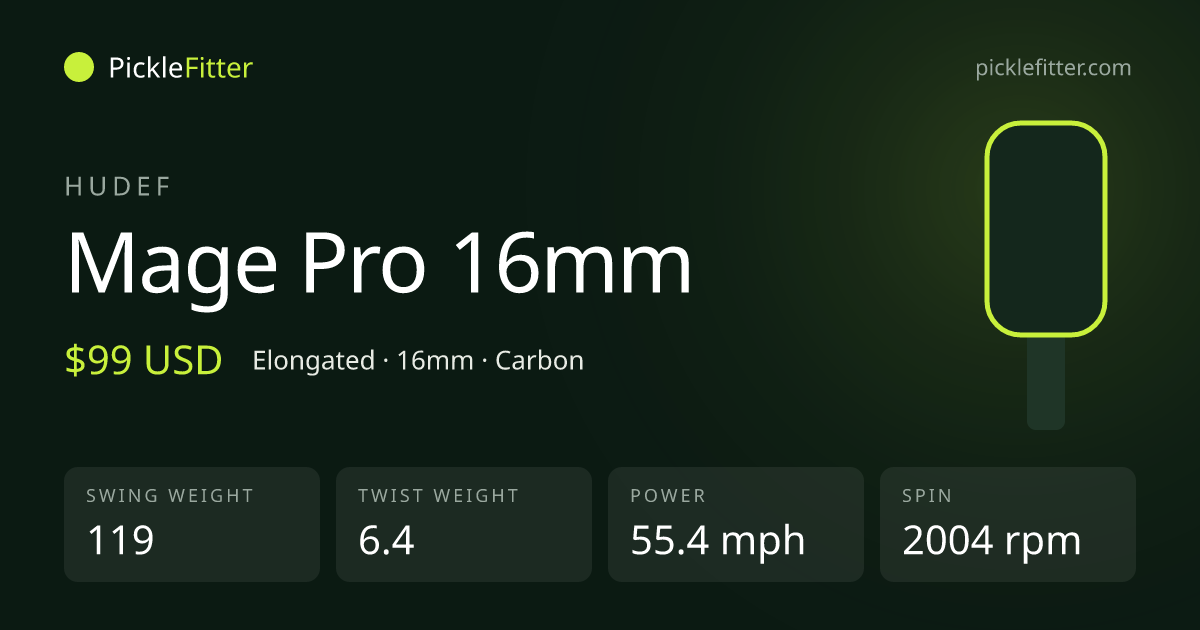 Hudef Mage Pro 16mm spec card: swing weight 119, twist weight 6.4