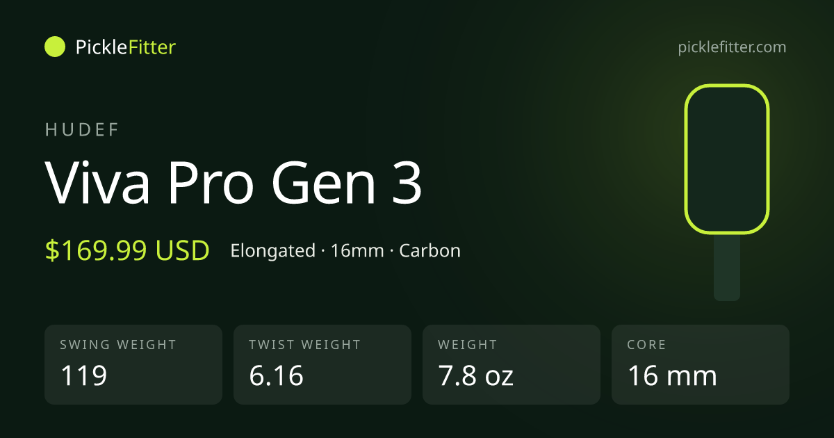 Hudef Viva Pro Gen 3 spec card: swing weight 119, twist weight 6.16