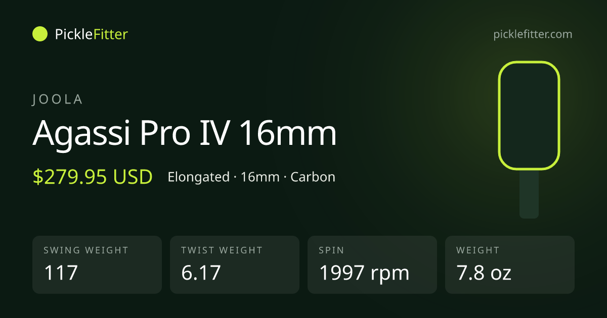 Joola Agassi Pro IV 16mm spec card: swing weight 117, twist weight 6.17