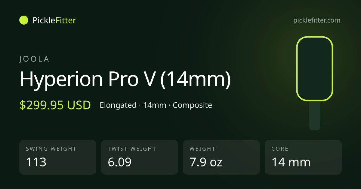 Joola Hyperion Pro V (14mm) spec card: swing weight 113, twist weight 6.09