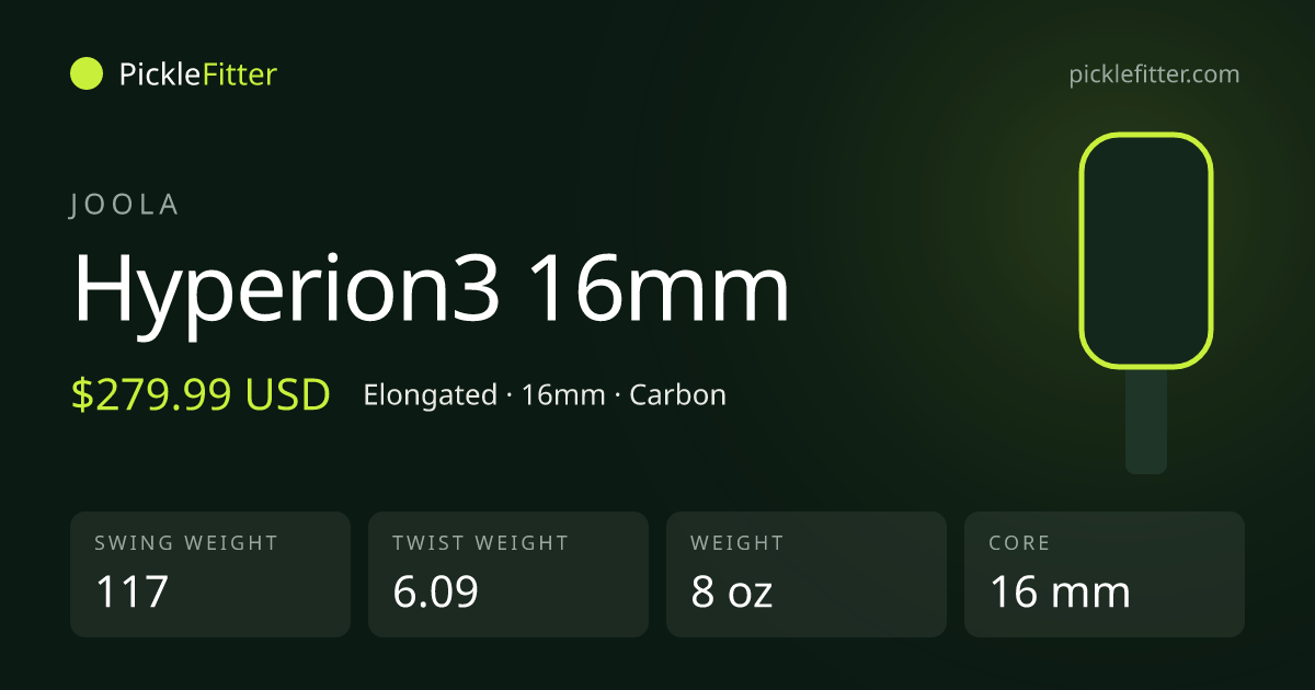 Joola Hyperion3 16mm spec card: swing weight 117, twist weight 6.09