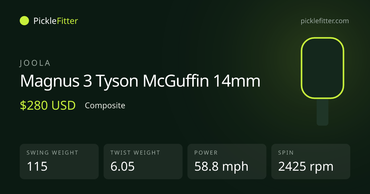 Joola Magnus 3 Tyson McGuffin 14mm spec card: swing weight 115, twist weight 6.05