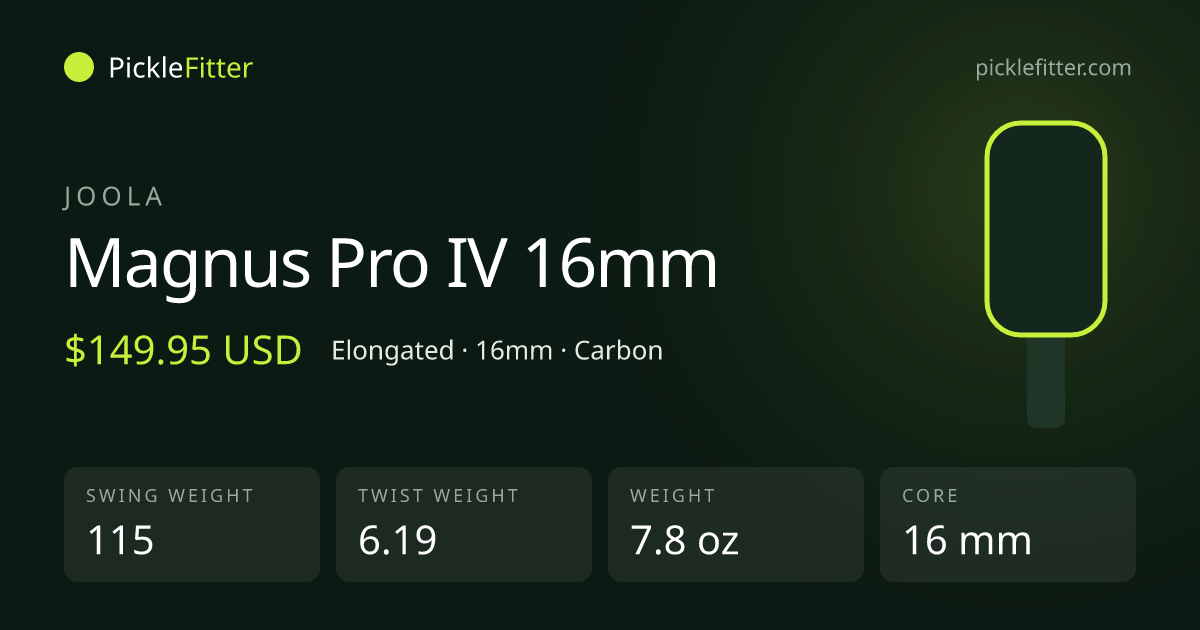 Joola Magnus Pro IV 16mm spec card: swing weight 115, twist weight 6.19
