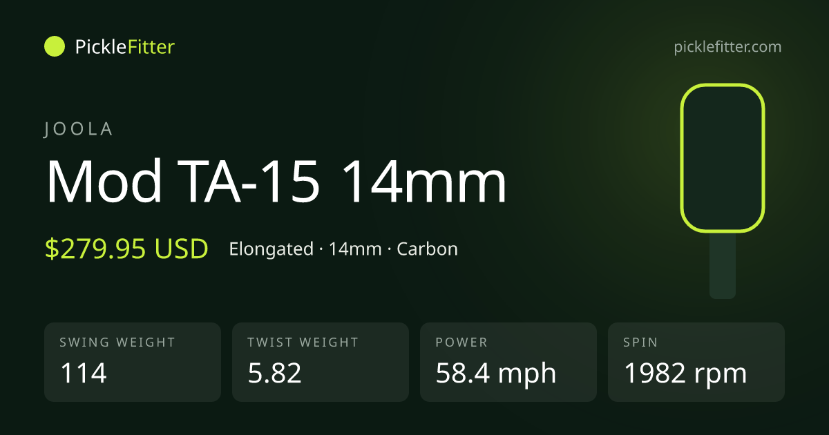 Joola Mod TA-15 14mm spec card: swing weight 114, twist weight 5.82