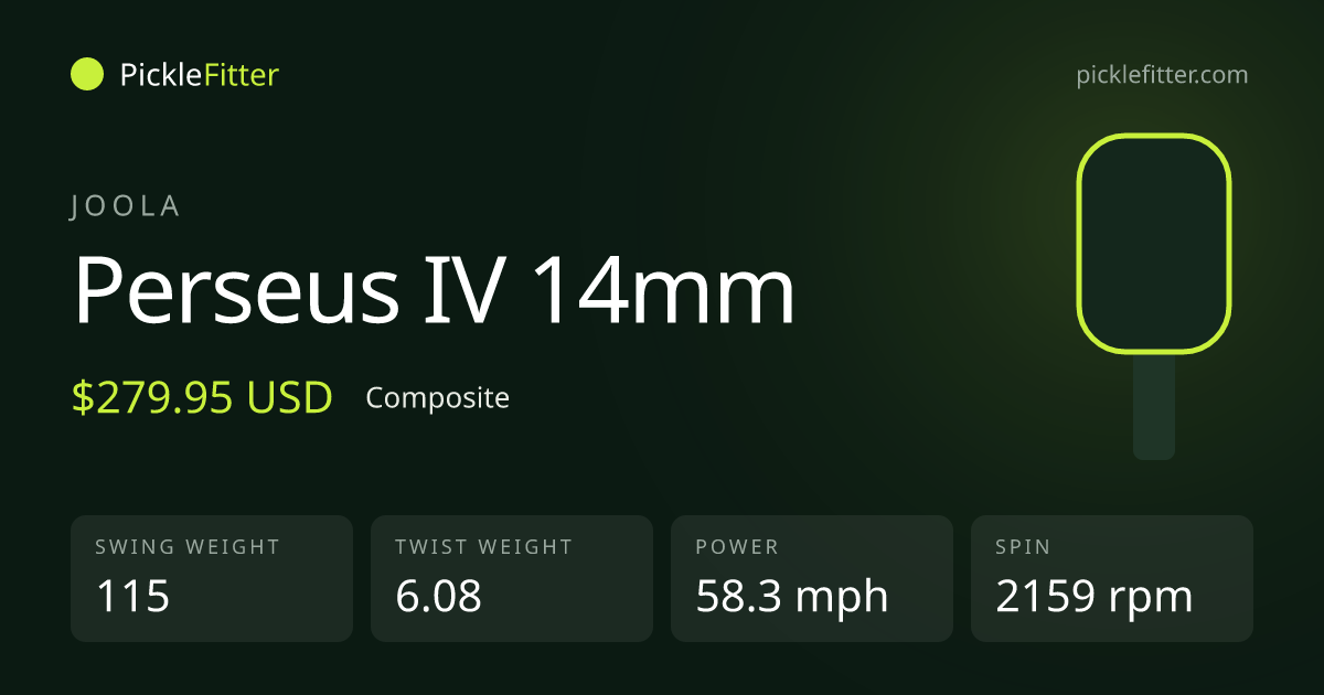 Joola Perseus IV 14mm spec card: swing weight 115, twist weight 6.08