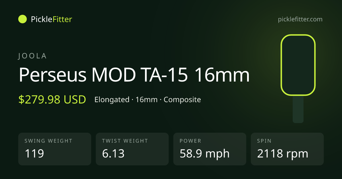 Joola Perseus MOD TA-15 16mm spec card: swing weight 119, twist weight 6.13