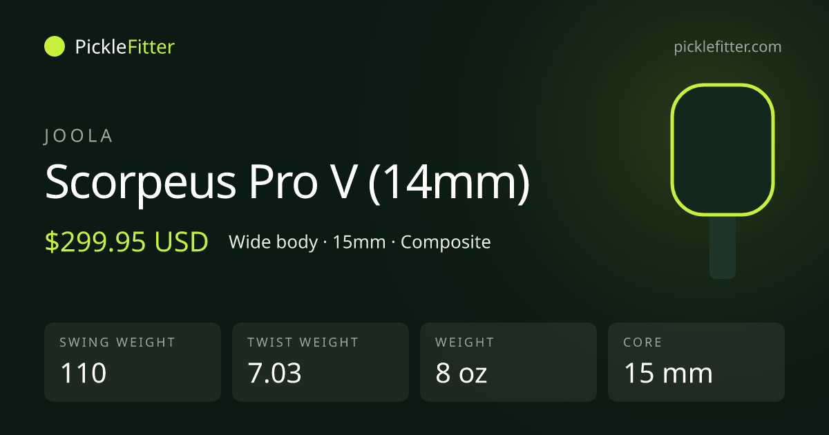 Joola Scorpeus Pro V (14mm) spec card: swing weight 110, twist weight 7.03