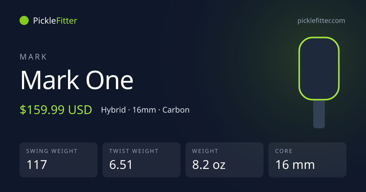 Mark Mark One spec card: swing weight 117, twist weight 6.51