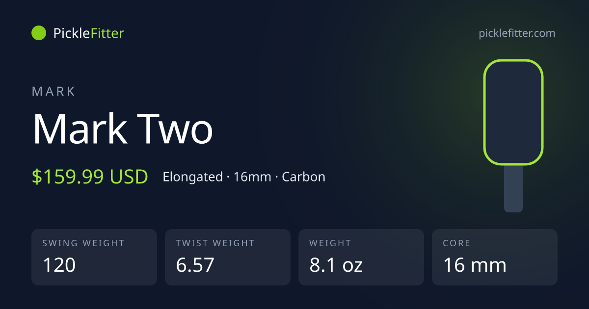 Mark Mark Two spec card: swing weight 120, twist weight 6.57