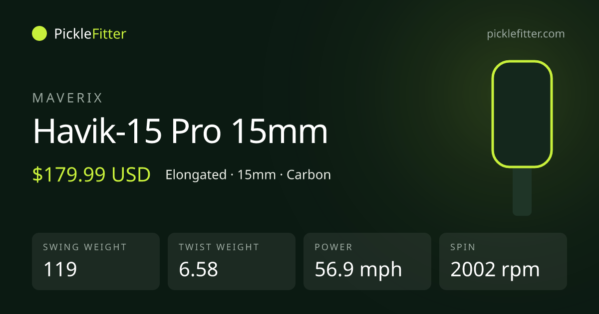 Maverix Havik-15 Pro 15mm spec card: swing weight 119, twist weight 6.58