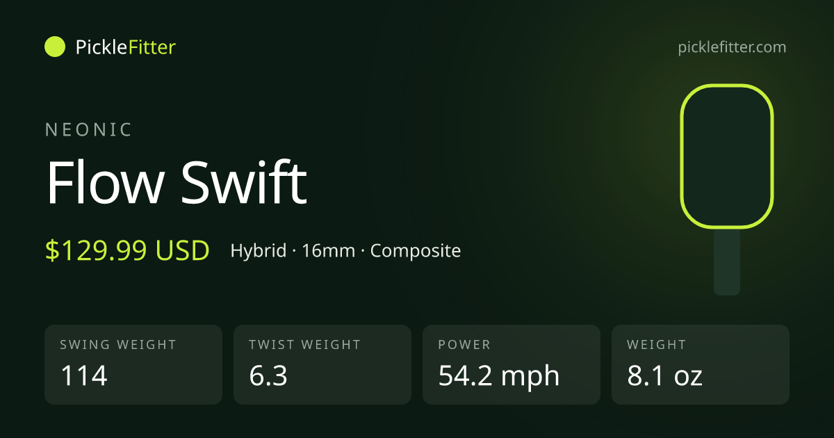 Neonic Flow Swift spec card: swing weight 114, twist weight 6.3