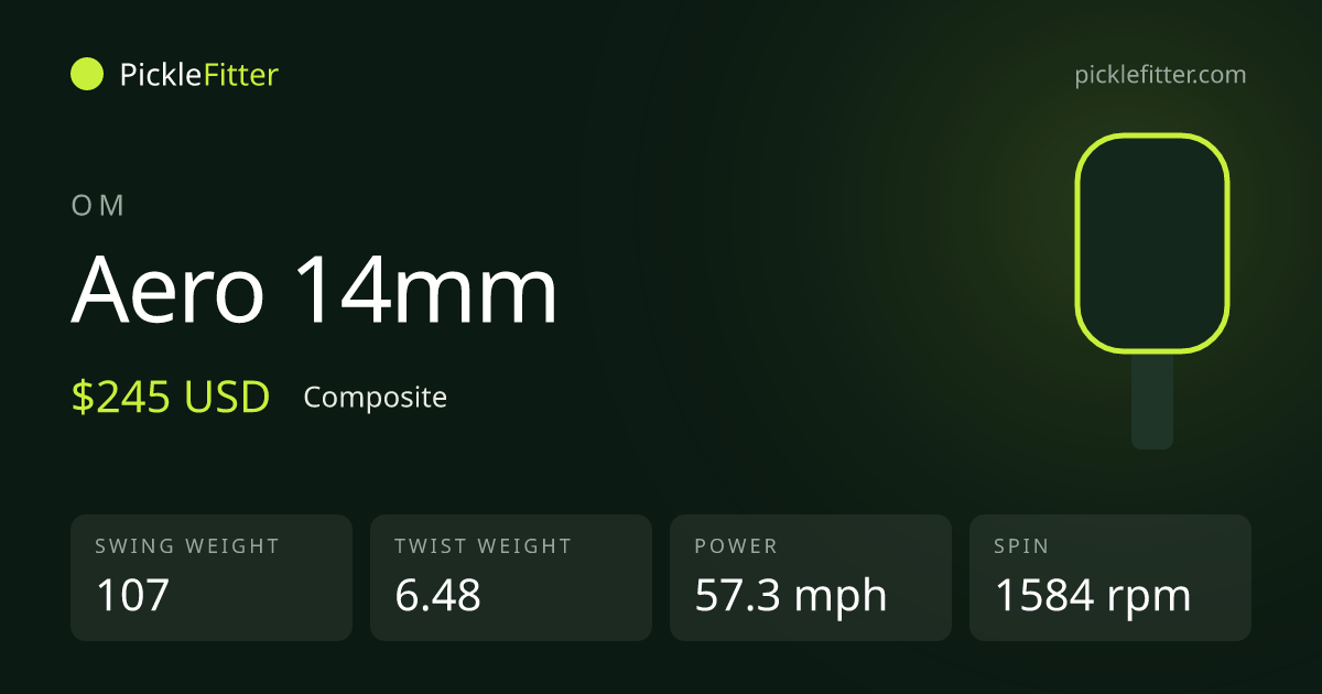 OM Aero 14mm spec card: swing weight 107, twist weight 6.48