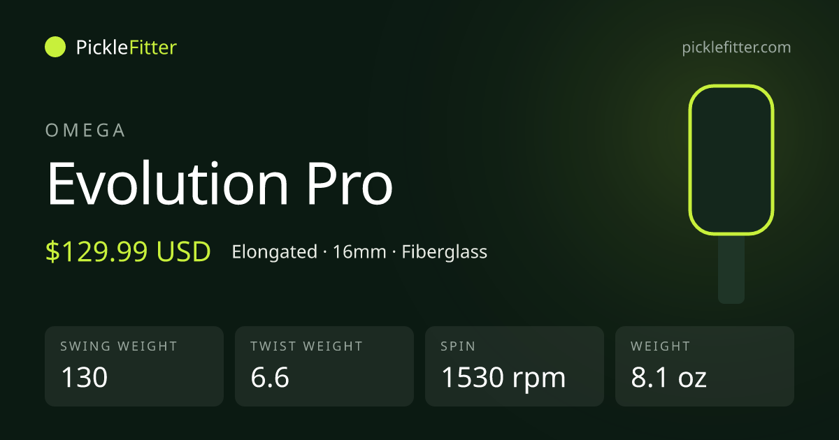 Omega Evolution Pro spec card: swing weight 130, twist weight 6.6