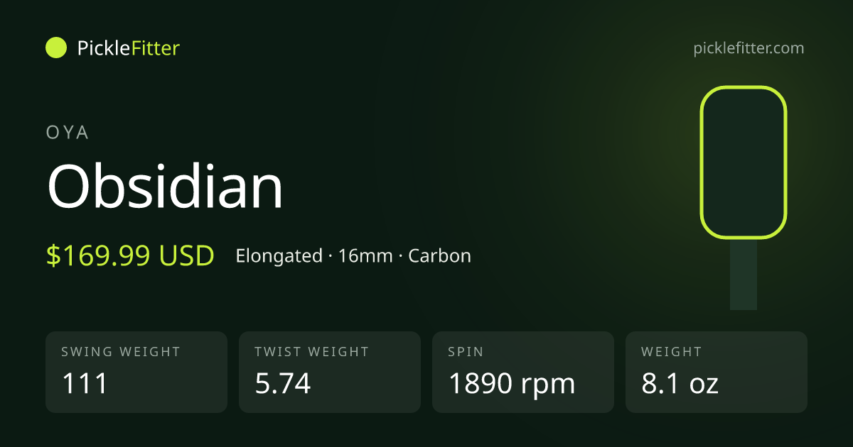 Oya Obsidian spec card: swing weight 111, twist weight 5.74