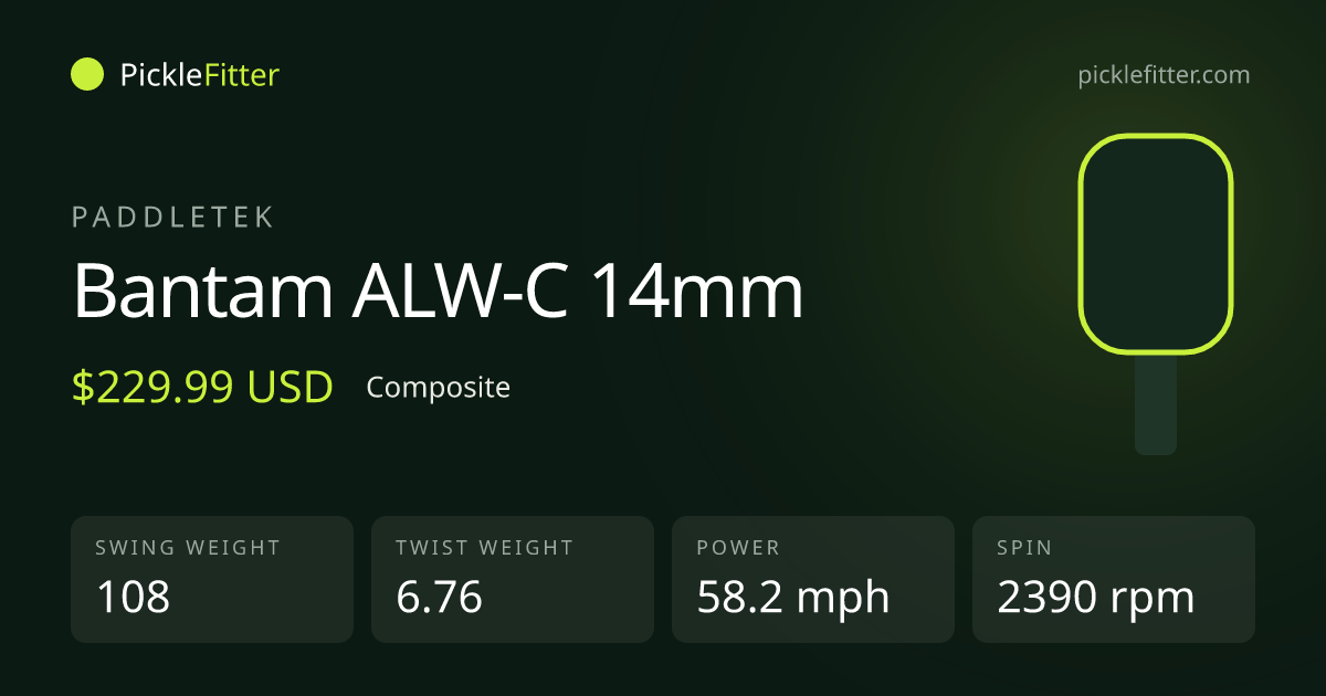 Paddletek Bantam ALW-C 14mm spec card: swing weight 108, twist weight 6.76