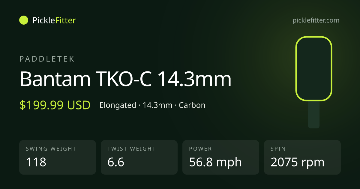Paddletek Bantam TKO-C 14.3mm spec card: swing weight 118, twist weight 6.6