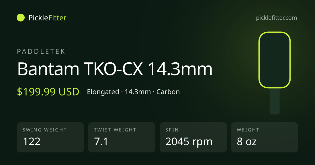 Paddletek Bantam TKO-CX 14.3mm spec card: swing weight 122, twist weight 7.1