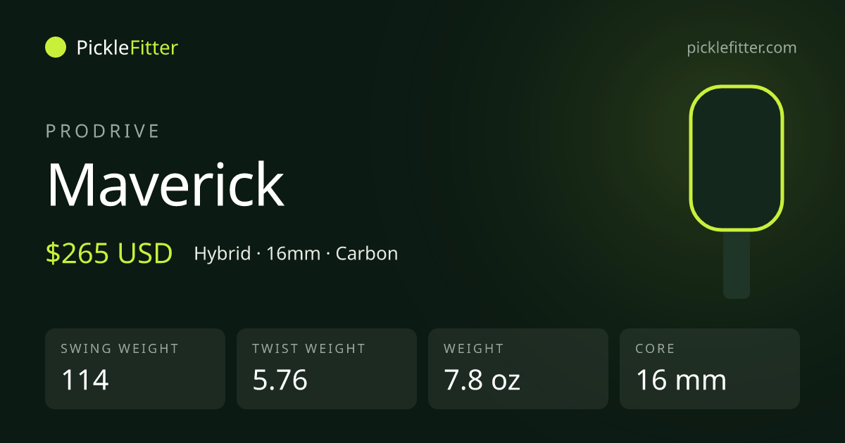 ProDrive Maverick spec card: swing weight 114, twist weight 5.76