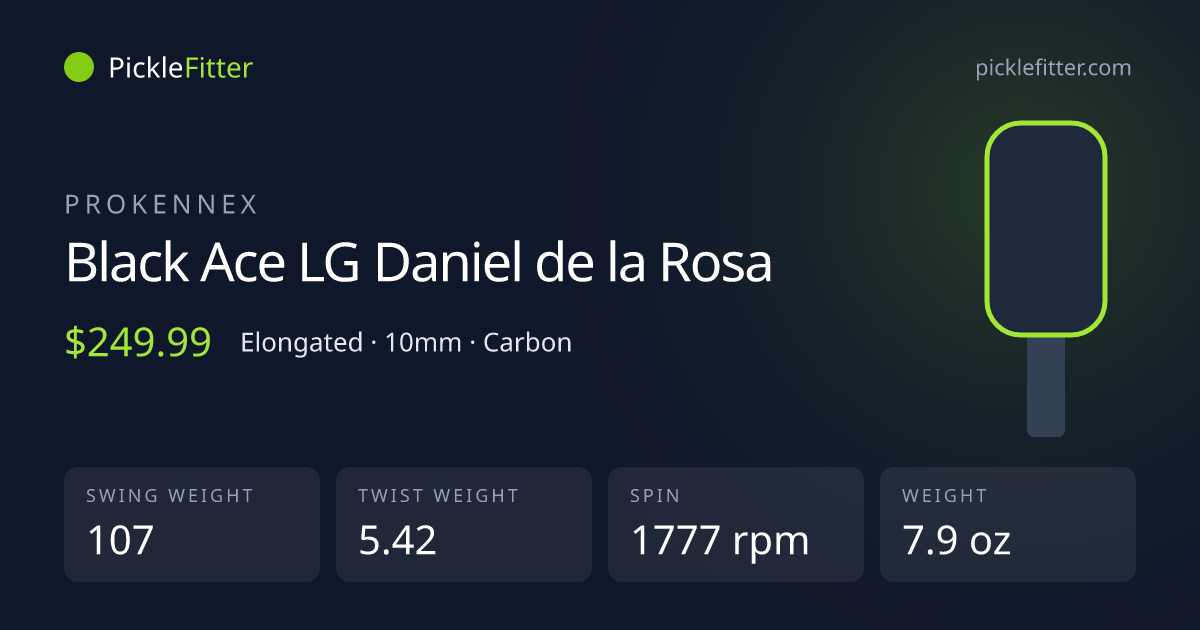 ProKennex Black Ace LG Daniel de la Rosa spec card: swing weight 107, twist weight 5.42