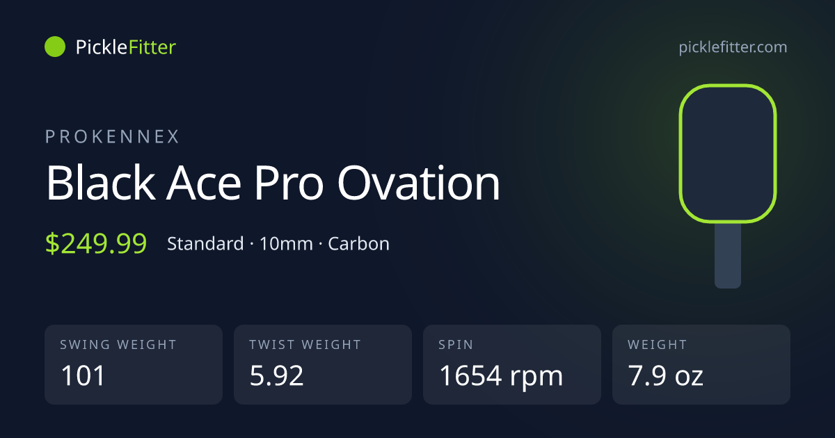 ProKennex Black Ace Pro Ovation spec card: swing weight 101, twist weight 5.92