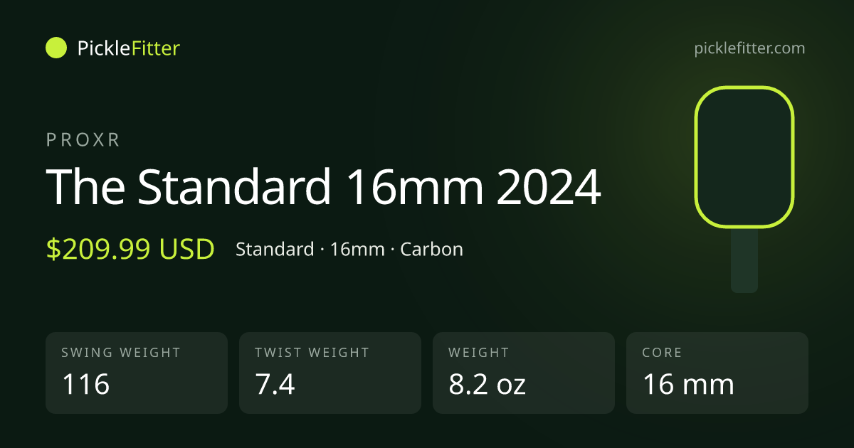 ProXR The Standard 16mm 2024 spec card: swing weight 116, twist weight 7.4