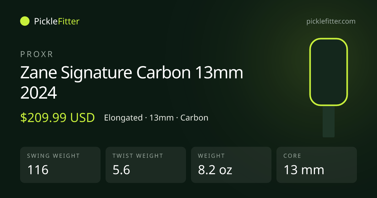 ProXR Zane Signature Carbon 13mm 2024 spec card: swing weight 116, twist weight 5.6